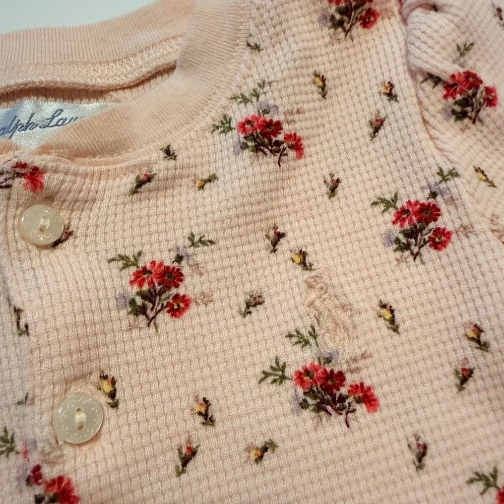 Ralph Lauren Baby Girls Pink Floral Waffle Knit Henley Dress &‎ Bloomers Set 12M